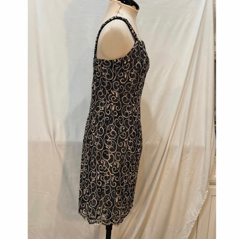 Vintage Poly Black Gold Embroidered Glitter Mesh Cocktail Mini Dress S - Picture 3 of 7